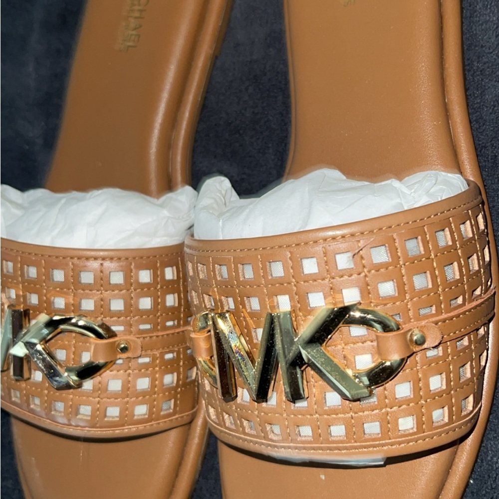 Michael Kors Gold and Tan Slide Sandals
